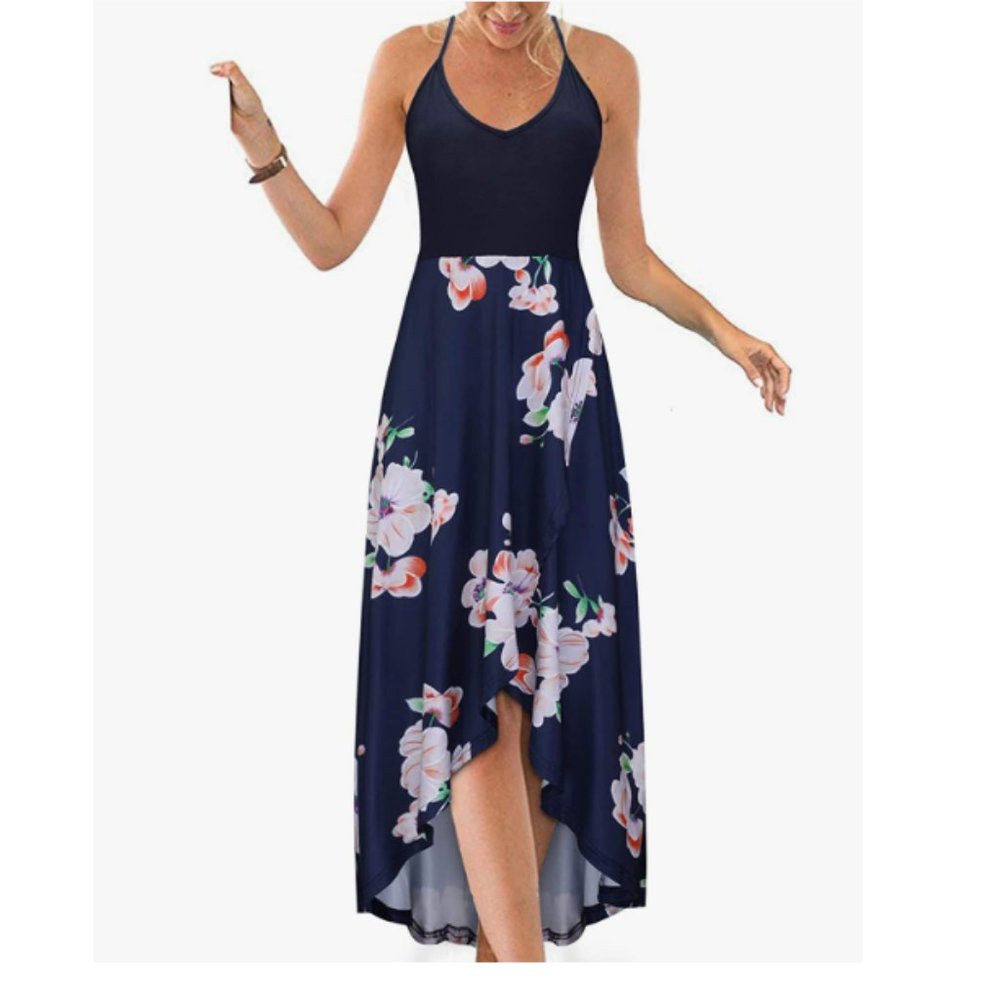 Women's V-Neck Sleeveless Summer Asymmetrical Maxi Dress, Sz M, Navy w/ Flowers
